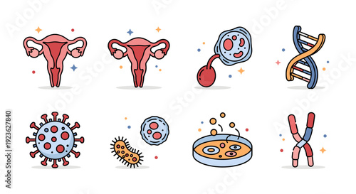 A collection of biology and medical icons including cells, bacteria, viruses, and DNA in flat vector style, suitable for educational purposes