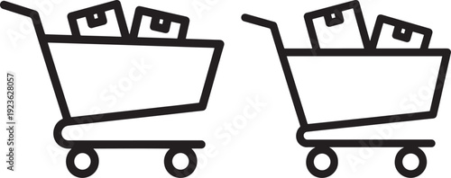 Simple black and white icons of two shopping carts filled with boxes. Retail, e-commerce, consumerism, delivery, logistics concept