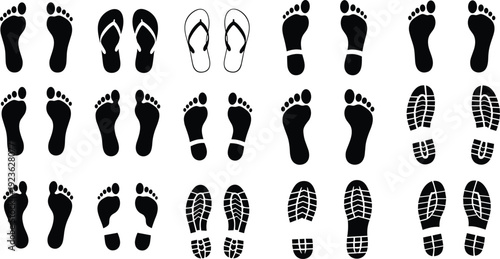Human Footprint and Footwear Silhouette Collection, Barefoot Prints, Flip Flops, Boot Sole Patterns, Step Marks, Walking Path Symbols, Tracking Vector Elements