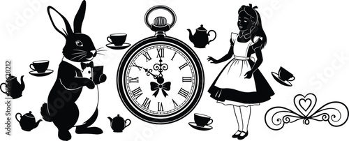 Alice in Wonderland vector illustration with White Rabbit holding tea cup pocket watch and tea set isolated on white background