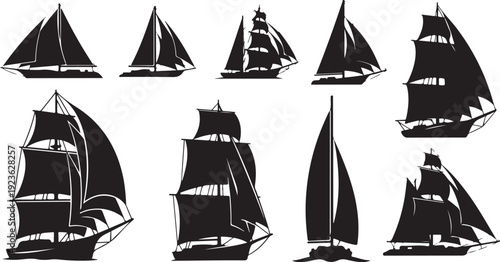 Collection of sailboats and ships in various sailing positions