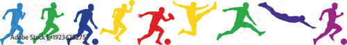 sports, athlete, silhouette, colorful, motion, energy, action, dynamic, running, kicking, jumping, diving, dribbling, throwing, vibrant, fitness, game, movement, pose, graphic