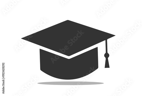 graduate cap black icon, isolate on white, shadow,
