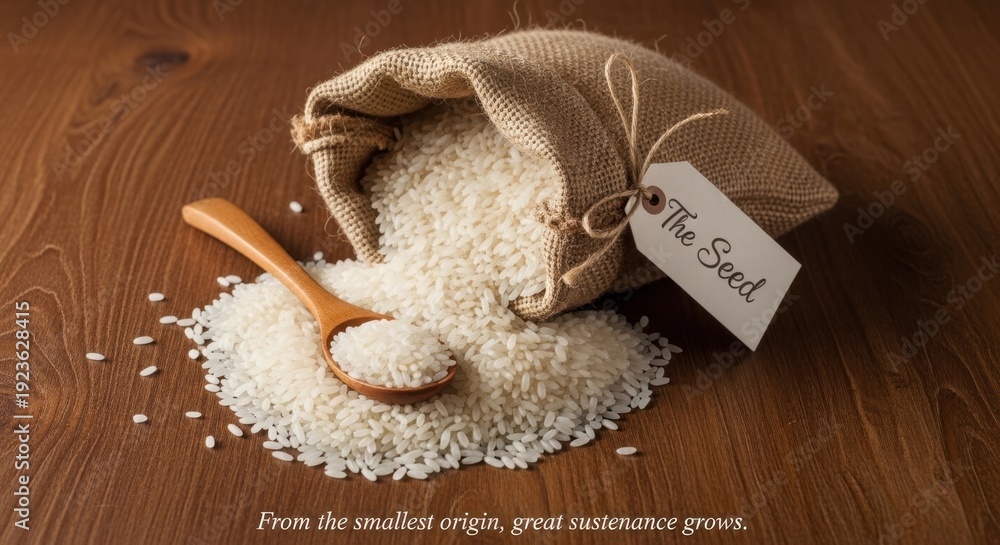 Fototapeta premium Bag of Rice Spilling With a Wooden Spoon, Tagged 'The Seed', Suggesting Origin and Sustenance