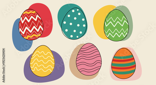 A set of six colorful decorated Easter eggs in a flat minimalist vector style, perfect for spring holiday designs