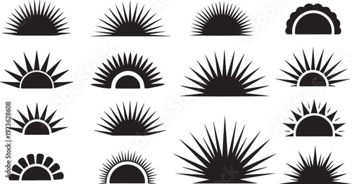 Collection of various sun and sunburst icons in black