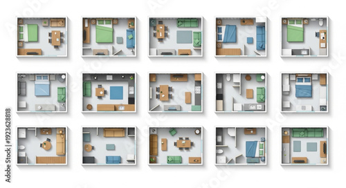Top-down view of various room layouts with furniture arrangements for interior design inspiration.