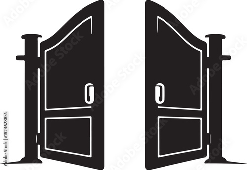 Black and white illustration of open double doors with handles