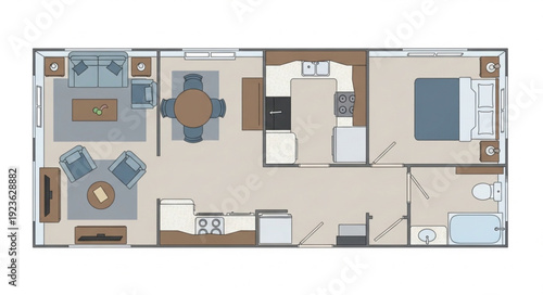 Detailed floor plan of a modern apartment with furniture and layout.