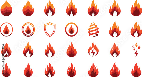 Fire Flame Icon Set with Heat Energy Burn Symbol and Shield Protection Elements for Hazard Warning and Safety Design Police Stop
