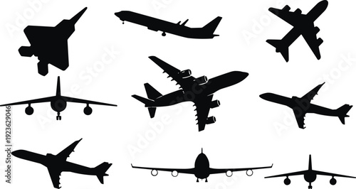 Airplane silhouette vector set featuring multiple aircraft views isolated on gray background for aviation design, travel concepts, transportation themes, and commercial branding projects