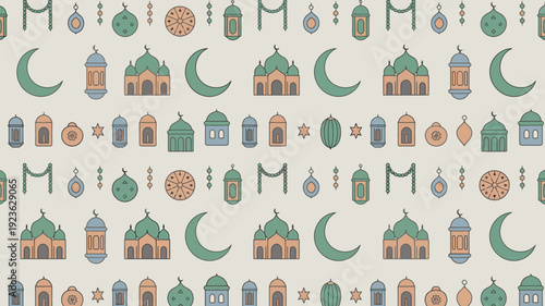 A rich seamless pattern is densely populated with a variety of Islamic symbols, including mosques, crescent moons, lanterns, and stars, presented in a palette of earthy tones on a light background.