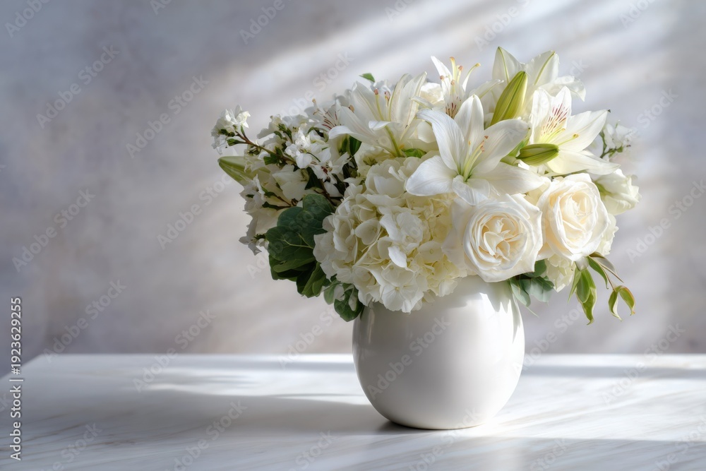 Fototapeta premium Elegant white floral bouquet in ceramic vase on marble surface