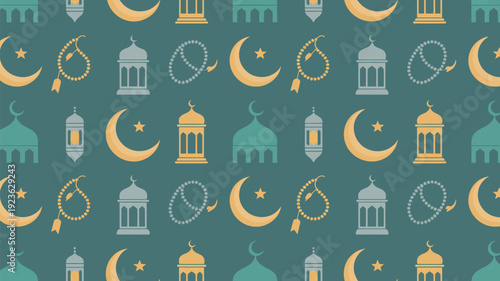 A seamless pattern of Islamic symbols like crescent moons, stars, lanterns, mosques, and prayer beads on a dark background.
