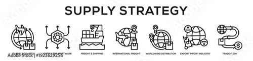  Export Strategy web banner icon vector illustration concept for business with icon of Export Import Industry, Export Routes, International Freight, Freight & Shipping, Trade Flow, Trade Finance,.
