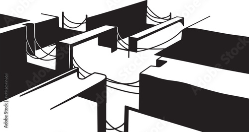 Black and white abstract geometric shapes in cityscape formation