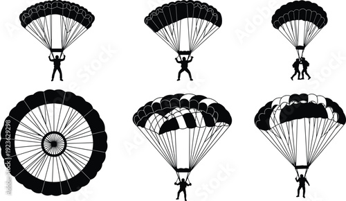 Vector set of black silhouettes featuring skydivers and paragliders descending with open parachutes including various canopy perspectives and extreme sports jumping on white background