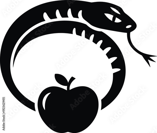 Black snake serpent silhouette coiled around a bitten apple fruit vector illustration isolated on white background for temptation and sin