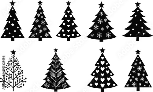 Vector set of various black Christmas tree silhouettes featuring decorative stars snowflakes and heart patterns for holiday greeting cards and winter season festive designs