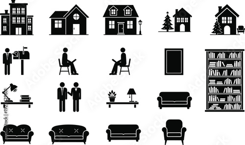 Vector silhouette icon set featuring various residential houses apartment buildings home furniture like sofas and bookshelves and people engaged in daily domestic activities