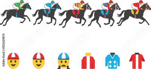 Horse Racing Jockey Icons with Galloping Racehorses Rider Helmets and Uniform Silks Equestrian Sport Flat Vector Illustration Set Police Stop