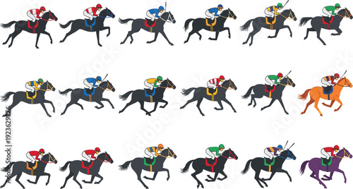 Horse Racing Jockey Competition Collection with Galloping Racehorses in Different Colors Equestrian Sport Flat Vector Illustration Set Police Stop