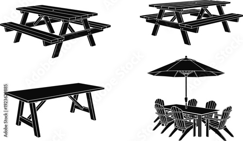 Vector silhouette illustration set of outdoor wooden picnic tables a simple garden workbench and a patio dining set with an umbrella and chairs