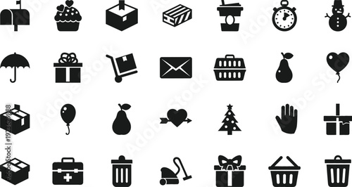 Holiday and Celebration Solid Icon Set with Gifts Christmas Tree Snowman Mailbox and Party Symbols for Seasonal Design