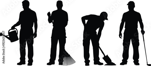 Vector silhouettes of male workers performing outdoor maintenance tasks including watering plants raking leaves digging with a shovel and standing with a golf club