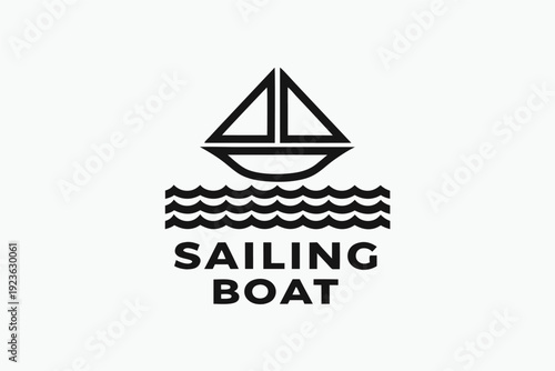 Simplified sailing boat above wavy water logo in minimalist black and white