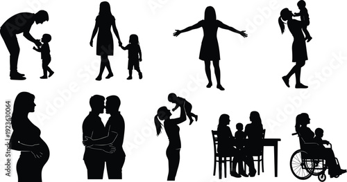 Vector silhouettes of happy families featuring parents with children a pregnant woman a couple hugging and a mother in a wheelchair with her baby