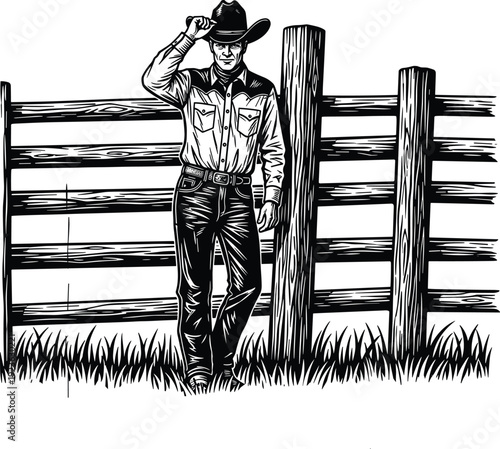 Vintage woodcut style illustration of a handsome cowboy wearing a hat and denim leaning against a rustic wooden fence in a rural farm field