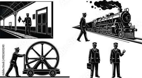 Vintage steam locomotive and railway workers illustration set, retro train station platform scene with conductor, engineer and industrial rail transport silhouettes isolated on white background