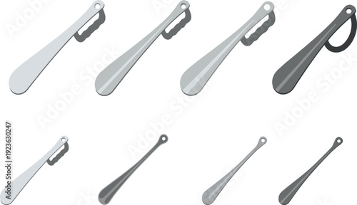 Metal Shoe Horn Collection with Long and Short Footwear Dressing Aid Ergonomic Handle Flat Vector Illustration Set Isolated Police Stop
