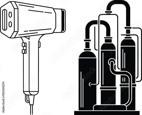 Industrial Hair Dryer and Brewery Equipment Silhouette Set with Manufacturing Machinery and Salon Appliance Vector Illustration
