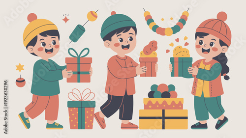 Three smiling children holding festive gifts, sweets, and decorations, celebrating a happy holiday event.