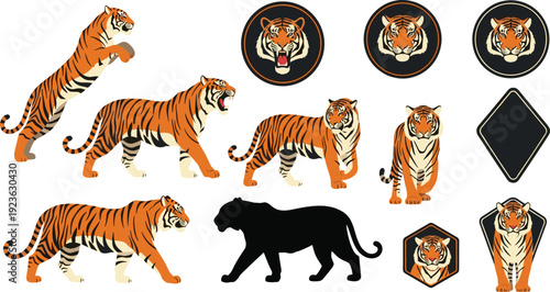 Tiger Mascot Logo and Cartoon Character Collection with Walking Roaring Big Cat Silhouette Emblems Wildlife Flat Vector Illustration Set Police Stop