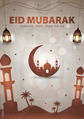 Eid Mubarak Greeting Card with Golden Mosque on Purple Background, Muslim Man Praying Silhouette on White Islamic Festival Poster, Elegant Ramadan Kareem Banner with Green Text and Gold Lanterns, Isla