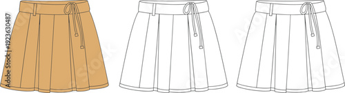 Women Pleated Skirt with Drawstring Waist Technical Fashion Illustration Set, Front View Flat Template Outline and Colored Version Isolated on White Background