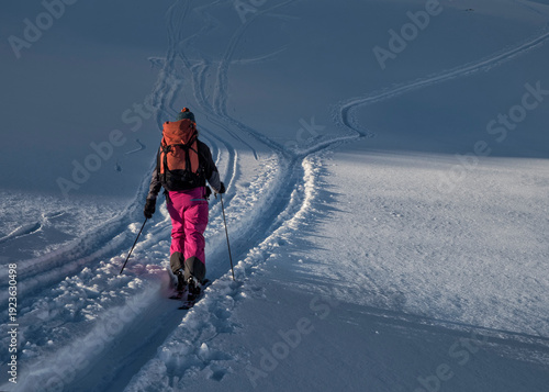 Switzerland, Bagnes, Cabane Marcel Brunet, Mont Rogneux, woman ski touring in the mountains