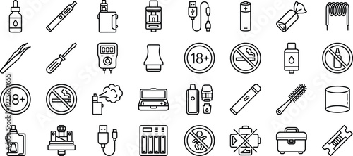 vape, vaping, icons, vector, e-cigarette, device, coil, battery, mod, pod, liquid, safety, charger, vapor, hardware