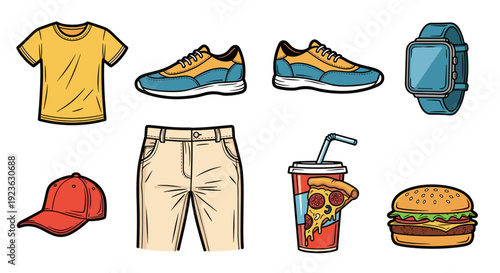 A collection of casual clothing and accessories including a t-shirt, shorts, sneakers, hat, watch, soda, and burger in colorful vector style, perfect for lifestyle and fashion branding