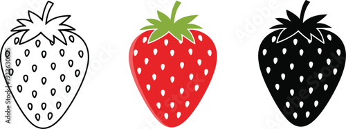 Strawberry fruit vector set featuring outline red color and black silhouette versions isolated on white background for healthy food design