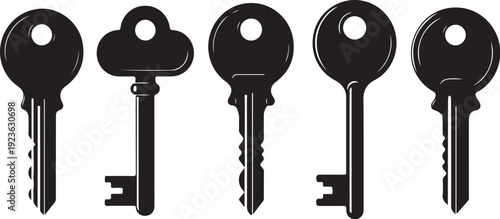Set of five black keys on white background illustration