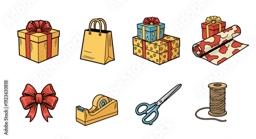 A collection of colorful gift boxes, scissors, wrapping paper, and accessories in a playful vector style, perfect for holiday design
