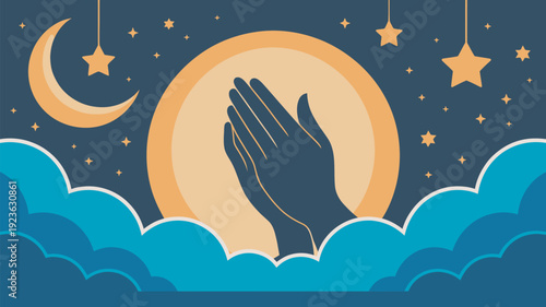 A silhouette of praying hands reaching towards a bright full moon and stars, surrounded by soft clouds at night.