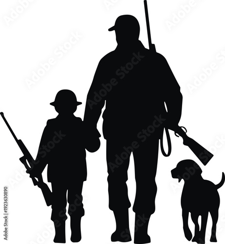 Hunter and child silhouette vector illustration with rifles and hunting dog isolated on gray background for outdoor sport themes, family tradition concepts, and wildlife design