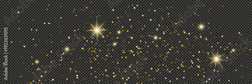 Gold glittering dust with stars on transparent backdrop