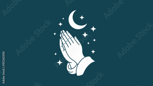 A minimalist white outline illustration of praying hands beneath a crescent moon and sparkling stars on a dark background.