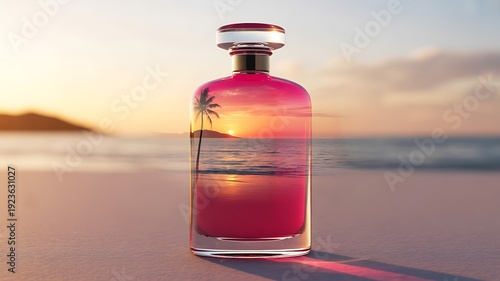 Perfume bottle sunset beach tropical luxury